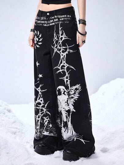 Grunge Punk Jeans évasés pour femmes avec motifs de croix punk sombre, étoiles, épines et mur de briques, style ange