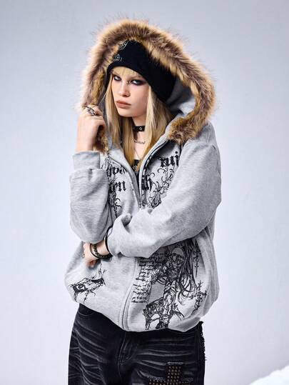 Grunge Punk sweat-shirt à capuche ample avec col en fausse fourrure, imprimé patchwork de Cyber Sigilism Y3K pour femmes