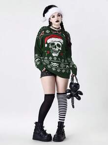 ROMWE Goth Suéter holgado con estampado de gorro de Papá Noel estilo gótico - Verde - Ver 6