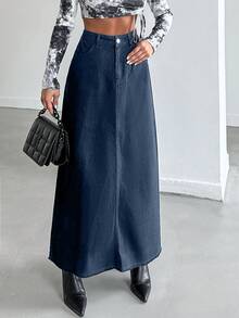 EURMUSE Women's High Waist Pocketed Casual Everyday Denim Skirt - Dark Wash - View 5