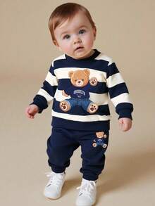 SHEIN Playful Pals 2pcs/Set Toddler Boy Casual Fashionable Outfit, Includes Striped Bear Graphic Sweatshirt And Matching Sweatpants, Comfortable And Suitable For Autumn/Winter/Spring