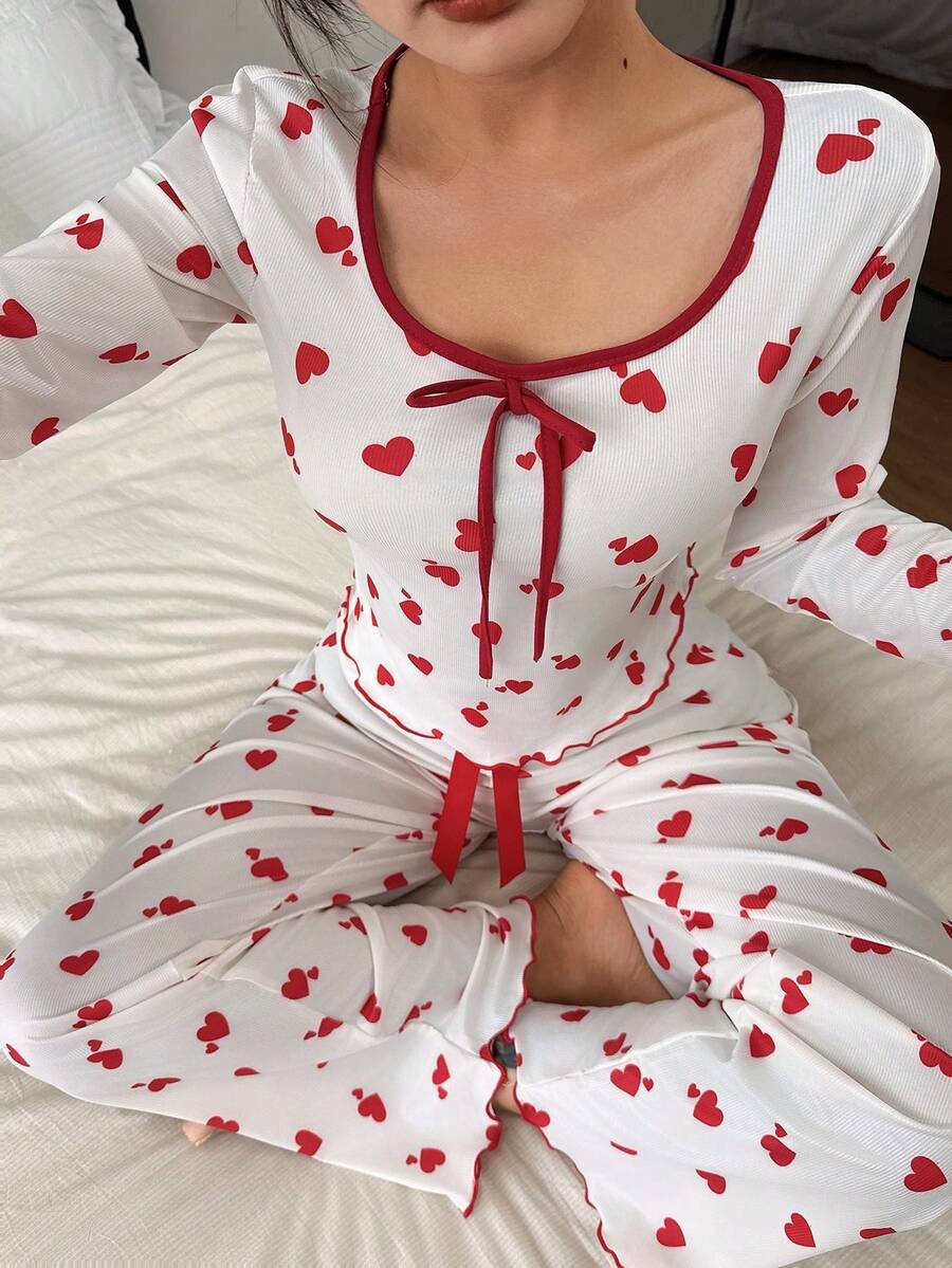 SHEIN 心形印花长袖睡衣套装 - 杏色 - 查看 1