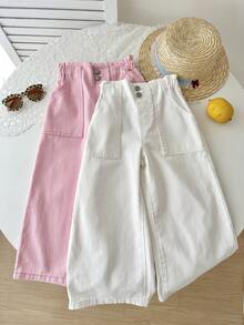 SHEIN Set de 2 pantalones vaqueros de ajuste holgado en rosa y blanco para niñas - Multicolor - Ver 1