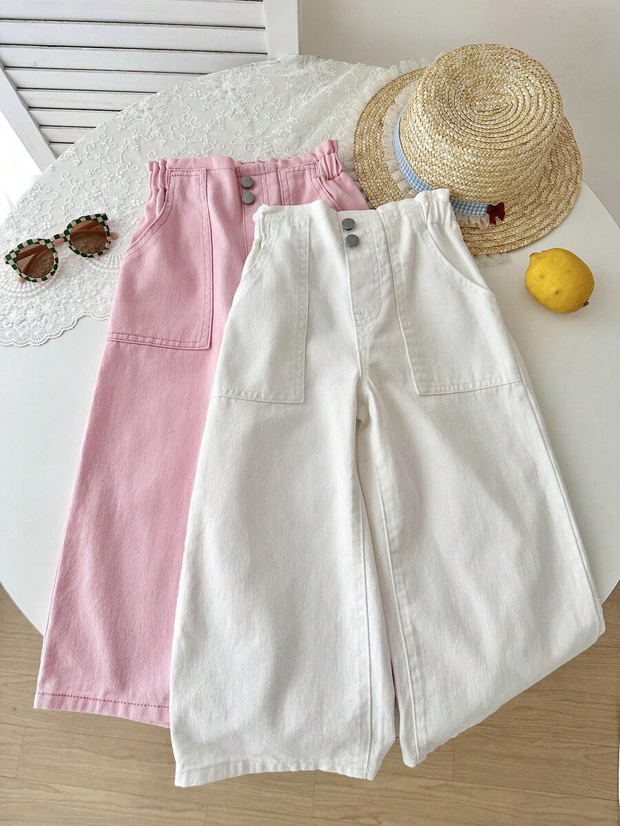 SHEIN Set de 2 pantalones vaqueros de ajuste holgado en rosa y blanco para niñas - Multicolor - Ver 1
