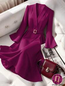 GlowEve 女士优雅收腰A字喇叭袖连衣裙，适合日常通勤、商务场合、法式浪漫约会、派对、圣诞节等，红色长袖