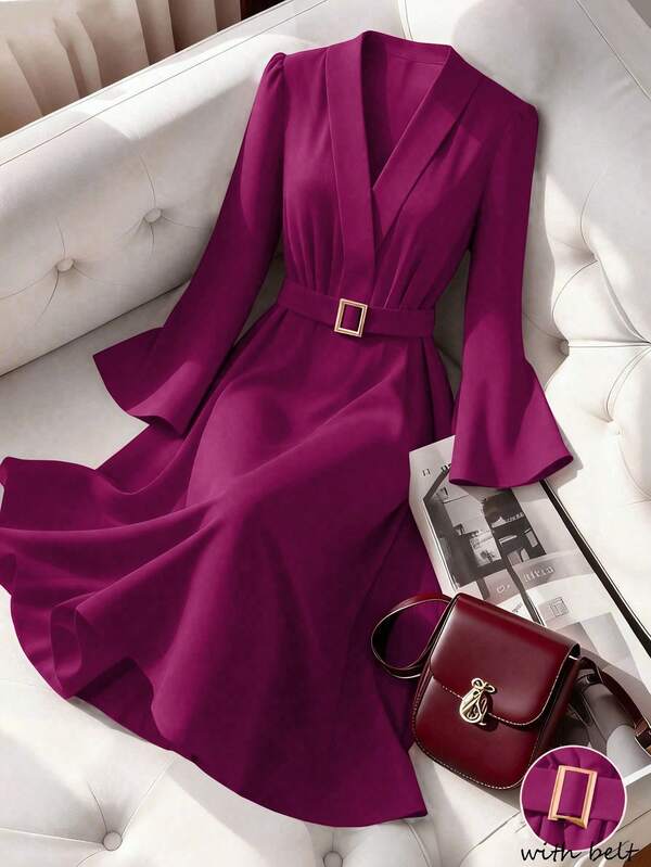 GlowEve 女士优雅收腰A字喇叭袖连衣裙，适合日常通勤、商务场合、法式浪漫约会、派对、圣诞节等，红色长袖