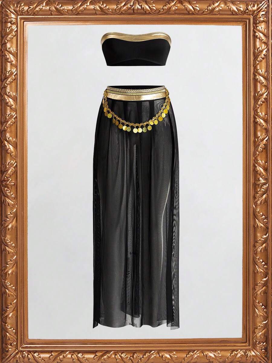 Fantasy Costume 女士性感角色扮演服装（上衣、裙子、腰带） - 黑色 - 查看 1