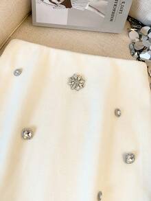 SHEIN PETITE Chân váy len ngắn thanh lịch đính đá Rhinestone dành cho nữ - Màu be - Xem 4