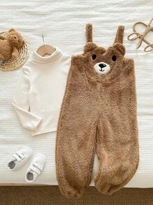 LMoss Kids LMoss 2pcs Young Girl Solid Color Knit Stand Collar Casual T-Shirt And Fleece Bib Pants Set, Suitable For Everyday Wear, Long Sleeve Top, Winter Dress, Cozy Fall & Winter Styles, Fall - Multicolor - View 3