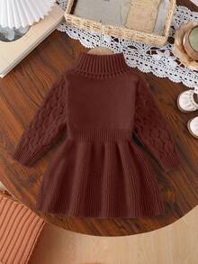 SHEIN 女婴卡其色高领套头A字毛衣连衣裙，柔软针织面料，适合室内外穿着，秋冬季 - 巧克力棕 - 查看 2
