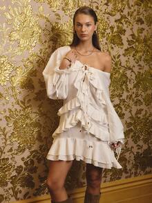 Aralina 冬季秋季荷叶边分层迷你连衣裙，约会夜服装，女士秋季连衣裙，秋季服装，女士生日连衣裙，外出连衣裙 - 白色 - 查看 5