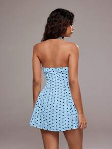 TRNVIE Women's Polka Dot Print Plunging Neck Sexy Fashion Halter Dress - Blue - View 2