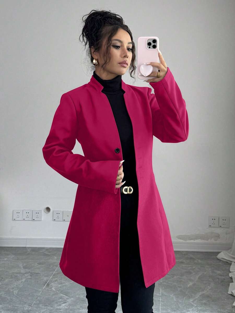 SHEIN Tall 女款休閒立領羊毛混紡修身長版外套 粉色西裝外套女裝西裝裙 高個女性適用 - 紅色 - 查看 1