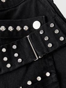 ROMWE Grunge Punk Y2K复古朋克金属铆钉装饰不对称腰线女式牛仔迷你裙 - 黑色 - 查看 3