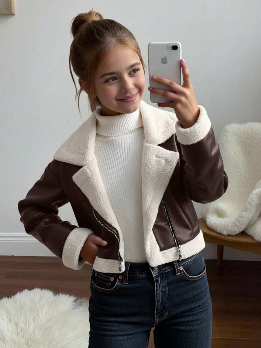 SHEIN Tween Girl Casual Street Chic Motorcycle Collar Metal Zipper Closure PU Lined Fleece Composite Fleece Short Long Sleeve Lapel Patchwork Faux Fur Jacket Coat, In Fall/Winter Girl Sweater Jacket Brown Jacket Teen Girls Teen Girl Zip Up Sweater Tween Crop Jacket Tween Plush Jacket - Brown - View 1