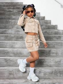 SHEIN 2件套少女Y2K水洗卡其色牛仔翻领长袖短款外套和牛仔迷你工装裙套装，适合女孩街头服饰和日常穿着 - 卡其色 - 查看 4