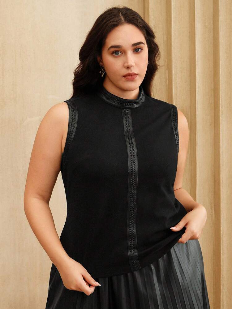Women's Elegant Casual Black Plus Size Sleeveless Mock Neck Tank Top, Autumn