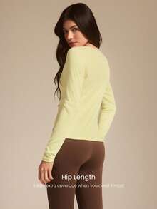 GLOWMODE Modal Ribbed Cozy Confidence Soft Stretchy Breathable Distressed Curved Neckline Buttons Hip Length Long Sleeve Top  Daily Casual Wear Spring Summer - Yellow - View 2