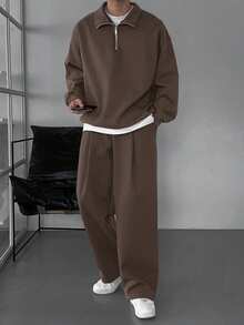 DAZY 男士撞色抓绒运动套装，秋冬季 - 棕色 - 查看 4
