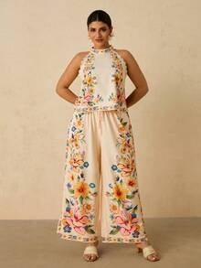 Travachic Bộ đồ 2 món họa tiết hoa nhiệt đới thanh lịch lãng mạn cỡ lớn, cổ yếm hở vai + quần ống rộng có túi, dành cho nữ, phong cách đảo nghỉ dưỡng đầu xuân - Màu vàng ngỗng - Xem 3