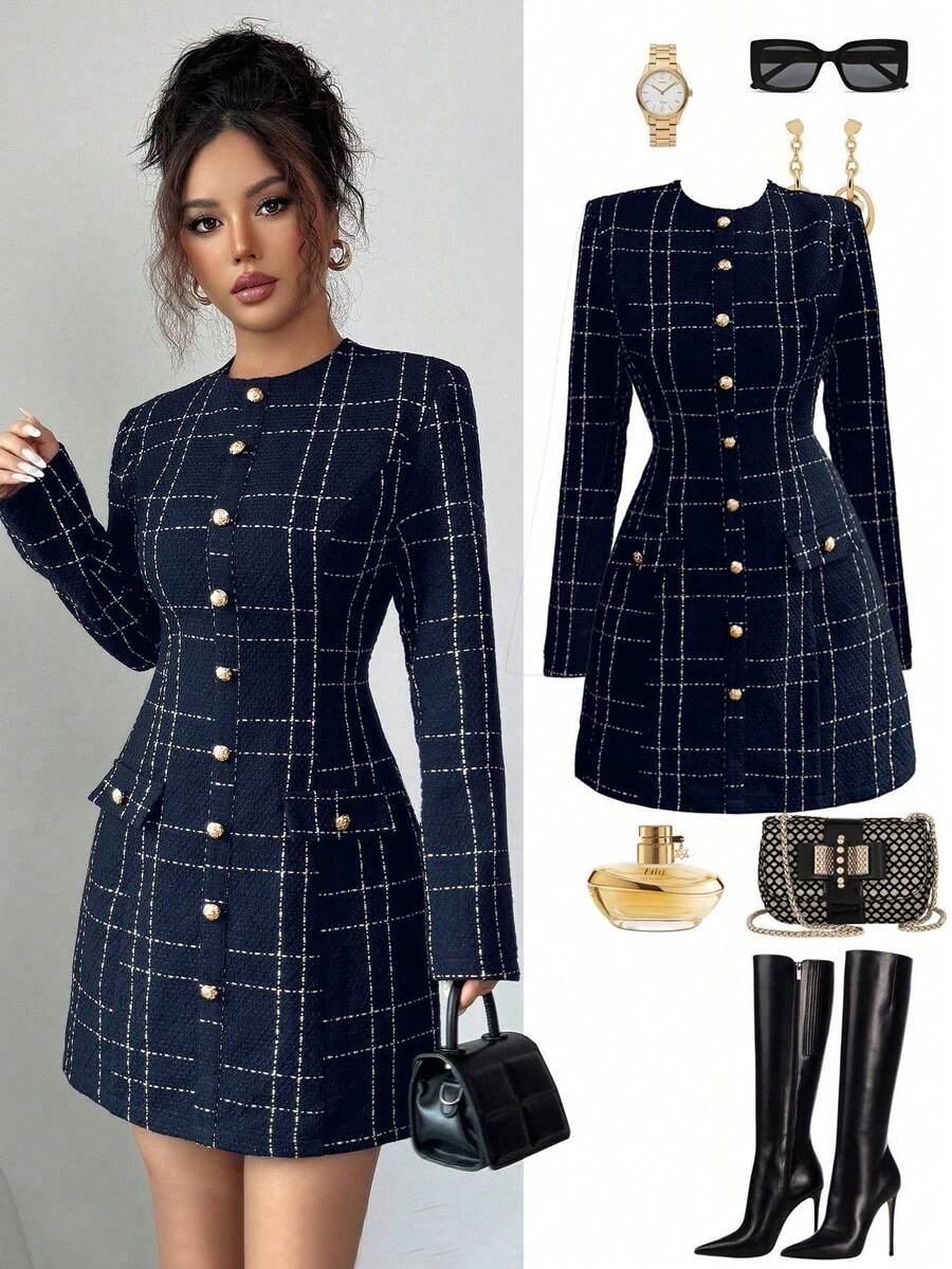 Elenzga 女士格子圆领长袖金属单排扣优雅短裙 - 藍色 - 查看 1