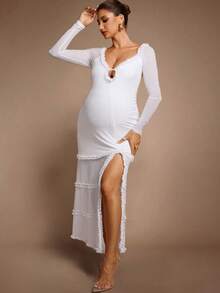 MaterniChic Maternity White Autumn Elegant Pregnant Dress, Solid Color Frill Trim Raglan Sleeve Side Slit Fitted Luxury Baby Shower Pregnancy Photoshoot Dress - White - View 1