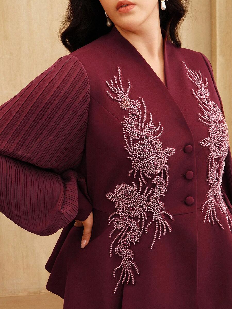 Anewsta Weinrote perlenbestickte elegante romantische taillierte V-Ausschnitt Langarm Jacke in Große Größen - Bordeaux - Übersicht 1