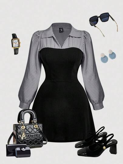 SHEIN MOD Plus Size Black & White Striped Patchwork Elegant Commuter 2 In 1 Dress Suit/Winter