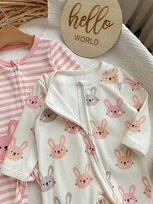 新生女宝宝可爱休闲针织卡通图案条纹长袖连体衣 - 彩色 - 查看 4