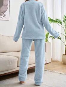 EURMUSE Plus 2pcs Plush Bear Embroidery Detail Homewear PJ Set - Baby Blue - View 2