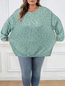 SHEIN CURVE+ 大码女式彩色华夫格针织套头卫衣，秋冬季 - 綠色 - 查看 4