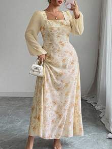 Modelyn 女士粉色花卉印花拼接方领长袖优雅约会连衣裙 - 黃色 - 查看 2