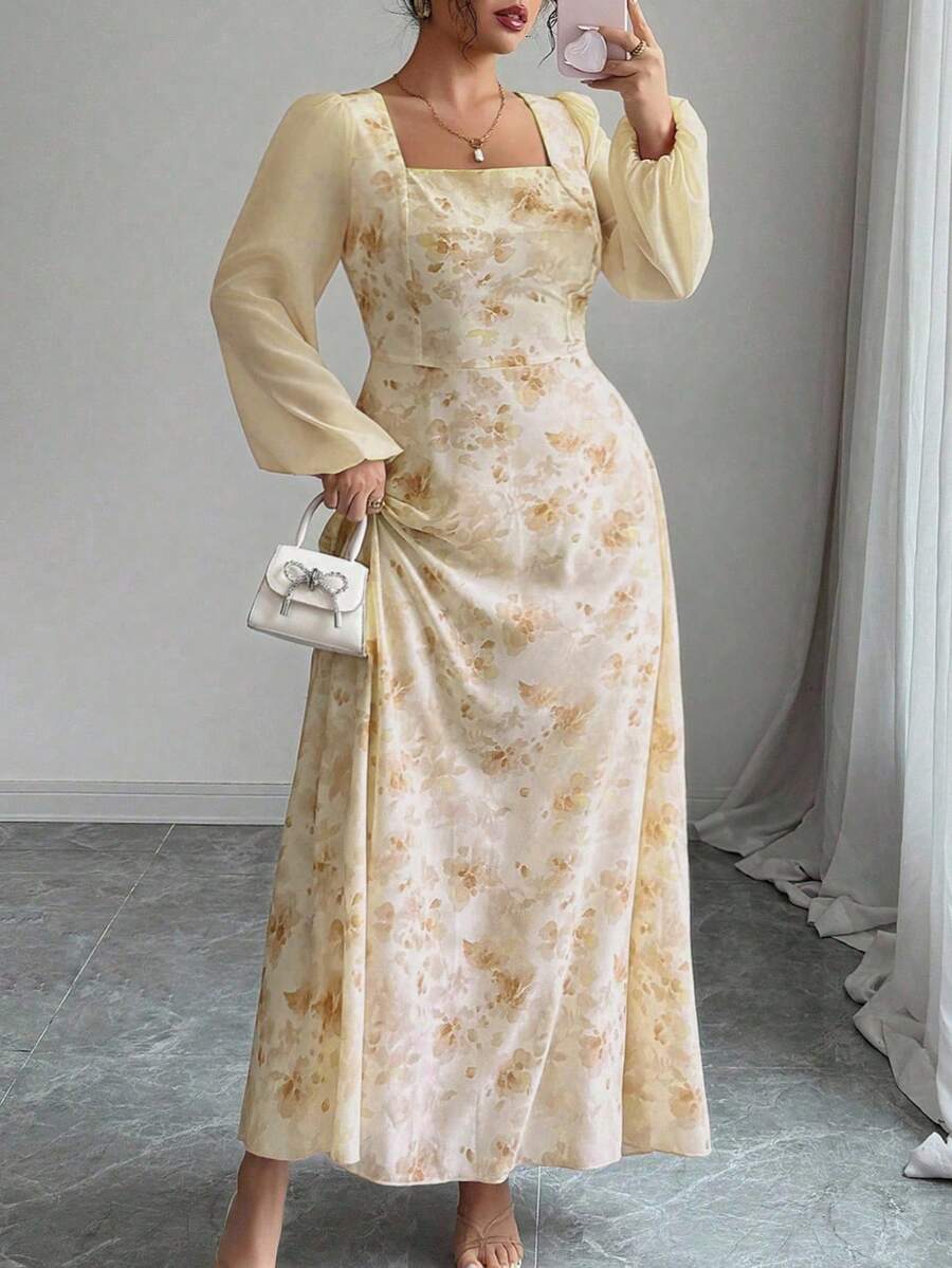 Modelyn 女士粉色花卉印花拼接方领长袖优雅约会连衣裙