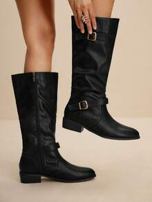 Daringsoles Women's Buckle Design Fashion Everyday Pleated Chunky Heel Knee-High Boots - Black - View 5
