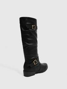 Daringsoles Women's Buckle Design Fashion Everyday Pleated Chunky Heel Knee-High Boots - Black - View 10