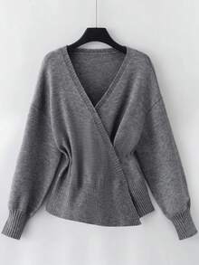 Franclia Cárdigan de punto casual de manga larga con hombros caídos y unicolor para mujer, otoño/invierno - Gris - Ver 7