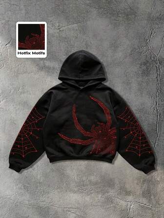Street Life Men's Sparkling Diamond Spider Web Print Casual Hooded Sweatshirt