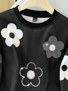 GlowEve Stylish Black Pullover Sweatshirt For Women Featuring Rhinestone And White Flower Patterns Regular Fit And Long Sleeves, Suitable For Daily Wear - Black - View 4