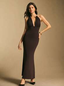 Poéselle 女士优雅性感金属装饰露背吊带连衣裙 - 棕色 - 查看 4