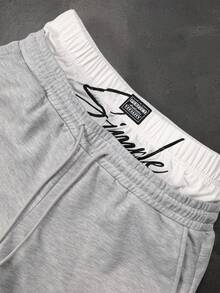 PAVTROS Men's Letter Print Double Layer Drawstring Waist Casual Sweatpants Sweatpants Graphic Sweatpants Grey Flare Sweat Pants Pro Club Sweat Pants - Grey - View 5