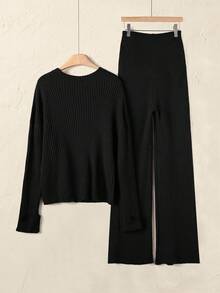 Rusticease Women's Solid Color Round Neck Drop Shoulder Long Sleeve Side Slit Sweater And Wide Leg Pants Casual 2-Piece Set, Autumn/Winter - Black - View 2