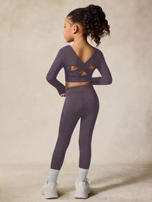 女童运动套装，高弹长袖，交叉镂空露背设计，返校休闲装