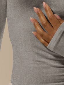 MUSERA ESSENTIALS Fitted Scoop Neck Long Sleeve Cotton Blended Top Classy Basic Sexy Spring Summer Holiday - Grey - View 6