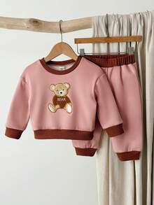Blossori Conjunto de sudadera y pantalones de niña bebé con cuello redondo, manga larga y bordado elegante estilo francés - Rosa - Ver 3