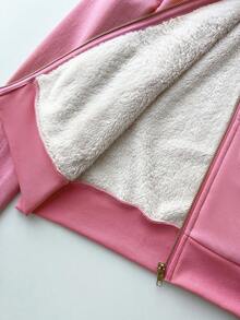 Elamini 女式合身复古针织弹力连帽保暖内衬长袖口袋运动衫 - 粉色 - 查看 7