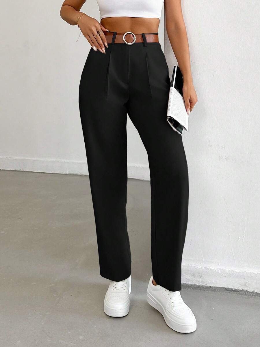 EURMUSE Women Solid Color Pleated Straight Loose Daily Casual Commuting Long Pants - Black - View 1