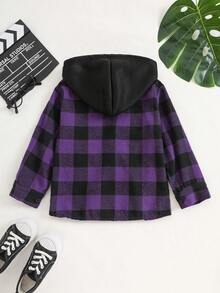 SHEIN Genkimix Kids Young BoyPlaid Pattern Hooded Shacket, Spring/Autumn - Purple - View 2
