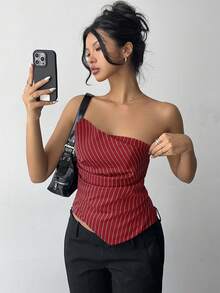 Aloruh Women's Autumn/Winter New Commuting Daily Wear Waist-Cinched Tight Asymmetric Pleated Striped Dark Grey Top - Burgundy - View 3