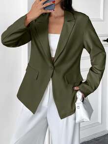 EURMUSE 女士，秋季，夹克，西装外套，米色，常规长度，常规版型，针织面料，微弹性面料，纽扣，假口袋 - 綠色 - 查看 4