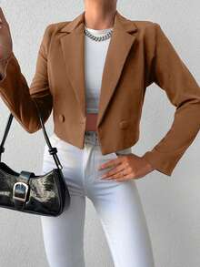 SHEIN Cottnline Women's Solid Color Long Sleeve Two-Button Short Casual Blazer - Camel - View 3